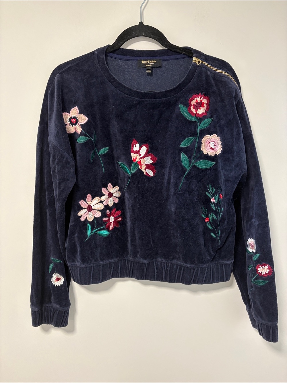 Juicy Couture Navy Velvet Floral Embroidered Sweatshirt with Shoulder Zip